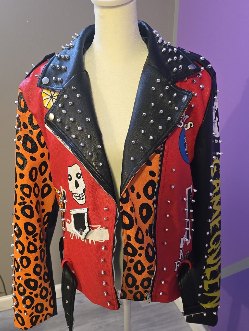 Women's Red & Orange Studded Patchwork Leather Biker Jacket